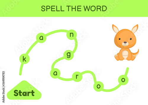 Maze for kids. Spelling word game template. Learn to read word kangaroo, printable worksheet. Activity page for study English. Educational activity for development of children. Vector illustration.