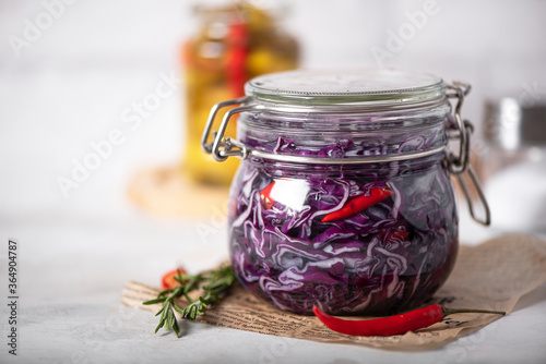 Картината върху платно fermented red cabbage with pepper, spices and seasonings