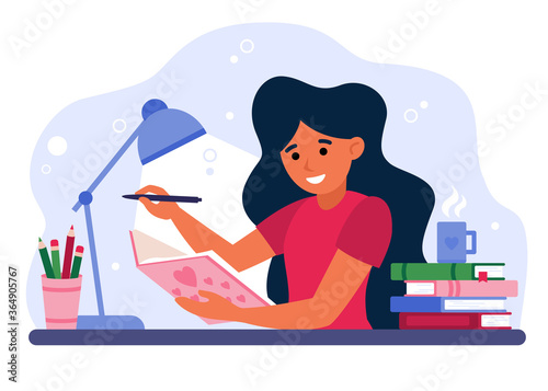 Girl writing in journal or diary isolated flat vector illustration. Cartoon female teenager drawing in cute paper notebook or book with pen. Lifestyle and youth concept