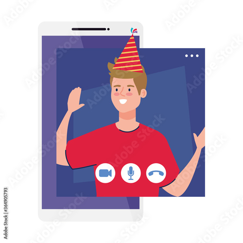 man with party hat on smartphone design, Happy birthday and video chat theme Vector illustration