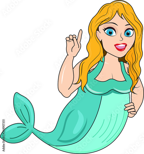 Amazing beautiful girl woman Mermaid beluga whale half woman half whale fish tail pointing talking speaking about your business ideas