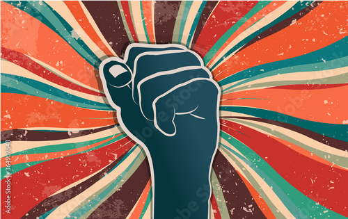 Fist raised in protest or popular uprising. Revolution and social struggle concept. Cooperation and unity. Community that rebels manifested for human rights and freedom. Retro banner