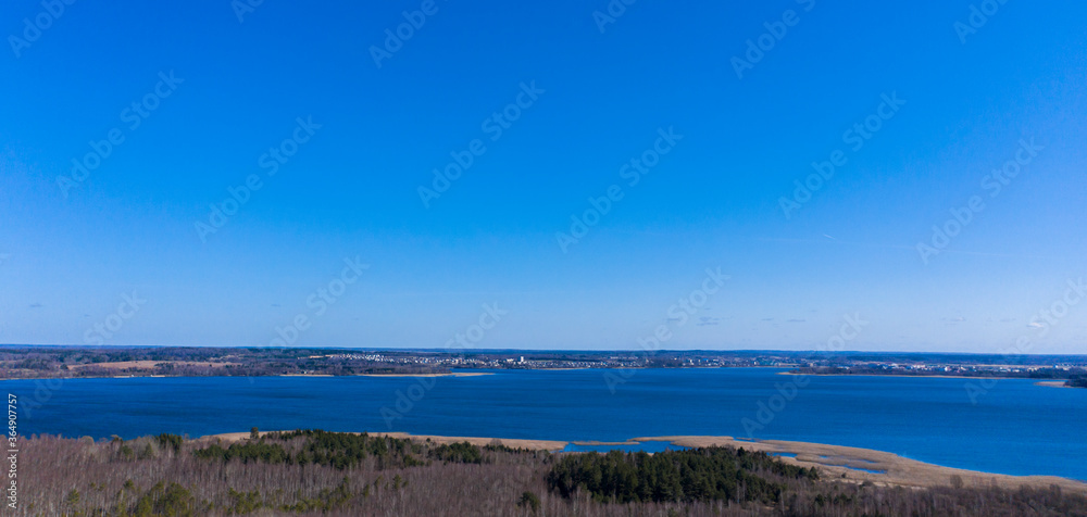 Aerial view of spring landscape lake. Lake Naroch, Minsk region, Belarus