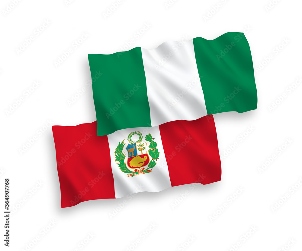 Obraz premium National vector fabric wave flags of Peru and Nigeria isolated on white background. 1 to 2 proportion.