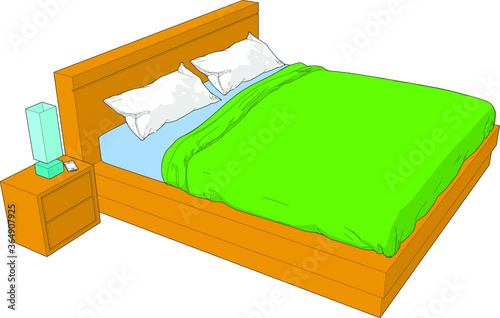 angle 45 degree birds eye view side view Double bed side table lamp mobile phone smartphone white pillow green blanket wood