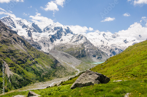 Piz Roseg, Val Roseg, Lej da Vadret, Piz Sella, Piz Glüschaint, Sellagletscher, Wanderweg, Berninagruppe, Oberengadin, Corvatsch, Murtèl, Alpen, Sommer, Graubünden, Schweiz