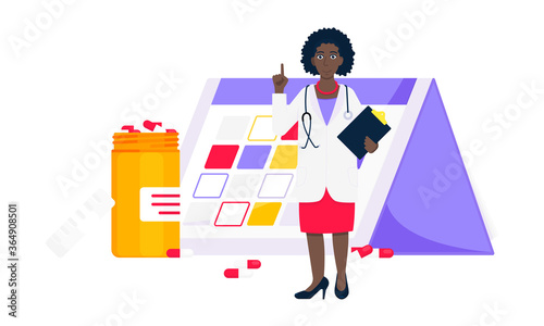 Medicine schedule or medical reminder planner flat style design vector illustration with date calendar, doctor and pill bottle isolated on white background. Health care appointment service.