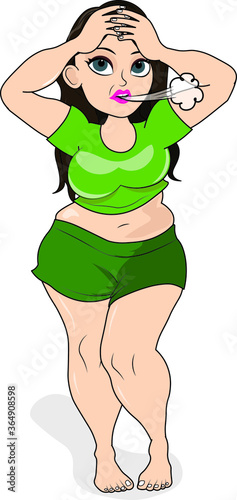 Attractive fat woman standing get sick feeling ill weak wearing shorts tops browse bare foot illness obesity fatty hand putting over head forehead vapor coming out of mouth