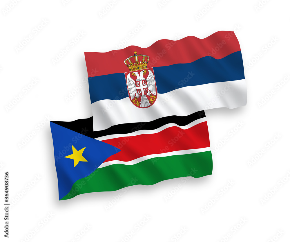 National vector fabric wave flags of Republic of South Sudan and Serbia isolated on white background. 1 to 2 proportion.