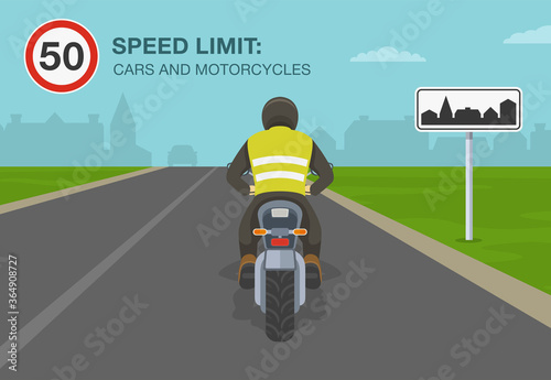 Motorcycles and cars on a built-up area speed limit. Back view of a motorcycle rider. Flat vector illustration template.