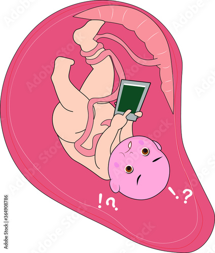 Baby in the mother womb using smartphone technology angry unhappy worried leg is stuck not getting freedom to move