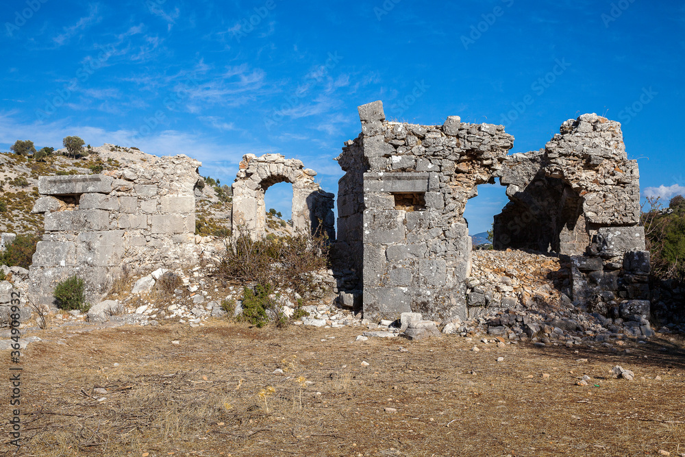 The ancient city of Sidyma from the village of Dodurga, Fethiye, Mugla, in Turkey.