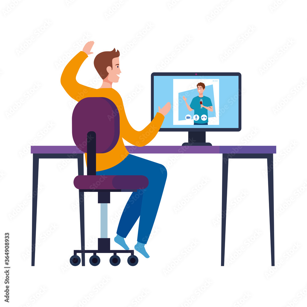 Fototapeta premium Man at chair and boy on computer in video chat design, Call online conference and webcam theme Vector illustration