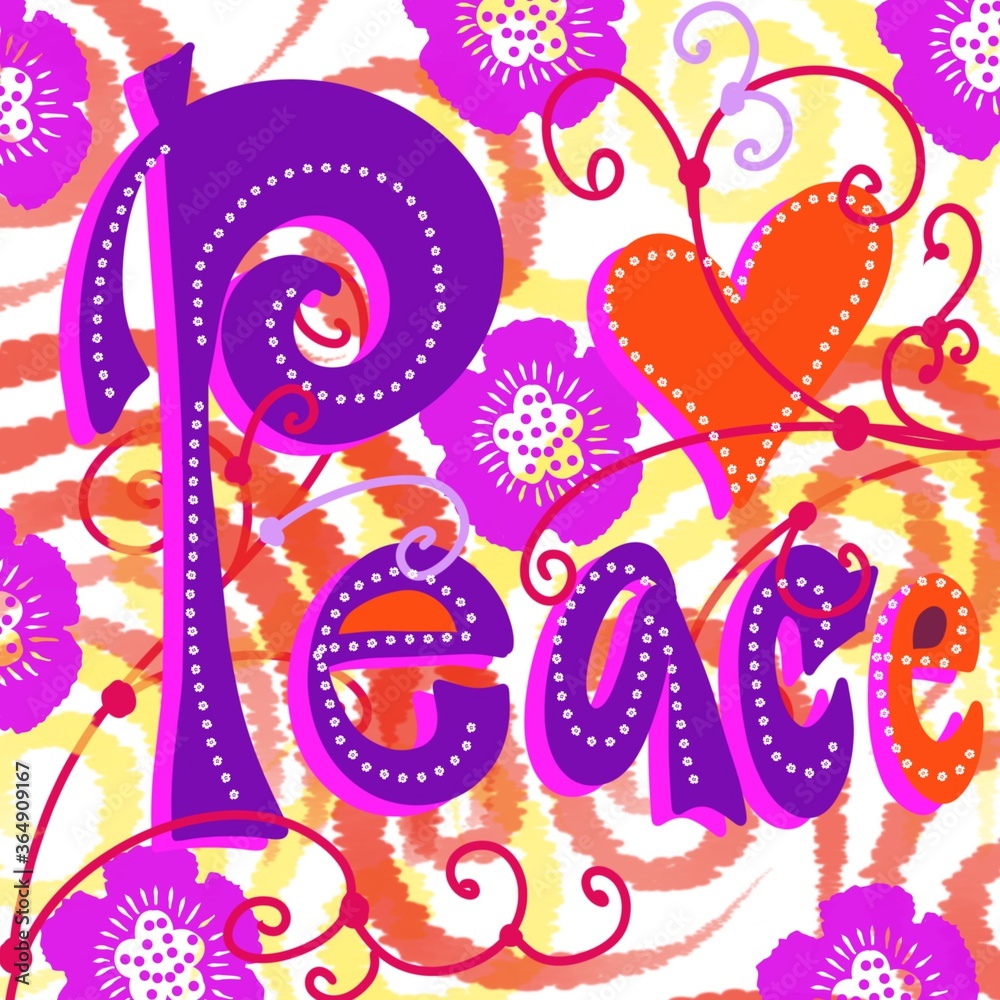 Fun Abstract Retro sixty's seventy's I LOVE YOU , LOVE, PEACE, Hippie sychodelic hand drawn floral colorful  decorative design original artwork Valentine  WORD calligraphy