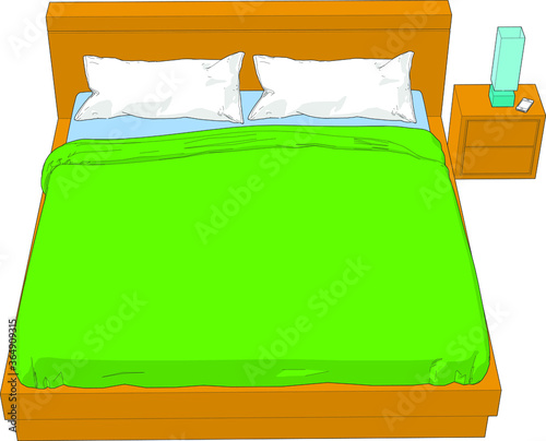 Beautiful front angle birds eye perspective view Double bed side table lamp mobile phone smartphone white pillow green blanket wood
