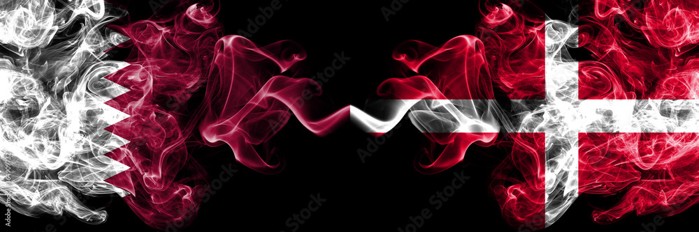 Fototapeta premium Qatar vs Denmark, Danish smoky mystic flags placed side by side. Thick colored silky abstract smoke flags.