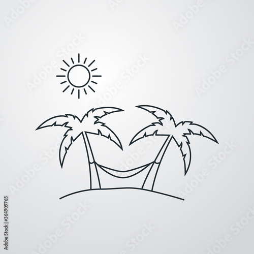 Concepto destino de vacaciones de verano. Icono plano lineal hamaca colgada entre palmeras en playa en fondo gris