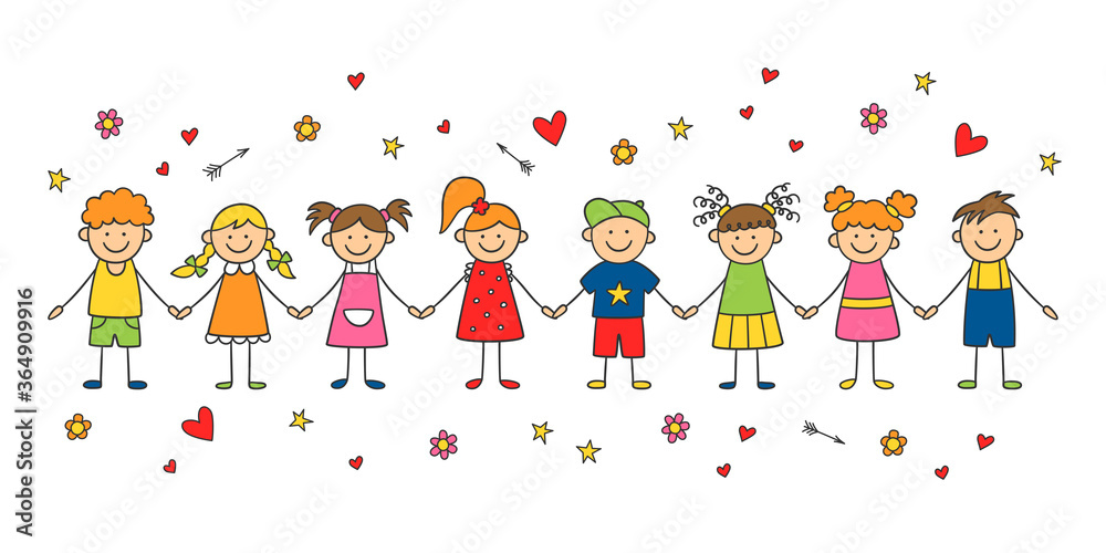 Group of funny children holding hands. Happy cute doodle kids. Isolated ...