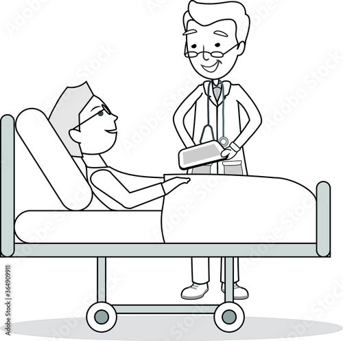 Black and white Doctor talking with a patient laying in hospital bed stethoscope tablet in hand