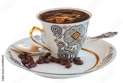 coffee Cup with coffee beans on saucer isolated background