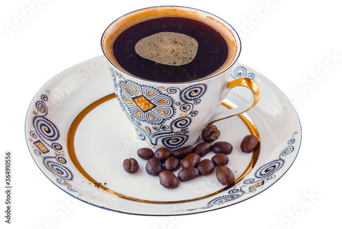 coffee Cup with coffee beans on saucer isolated background