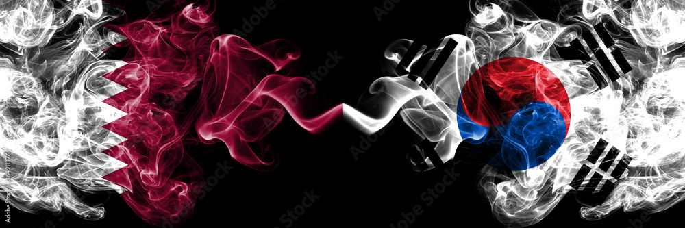 Fototapeta premium Qatar vs South Korea, Korean smoky mystic flags placed side by side. Thick colored silky abstract smoke flags.