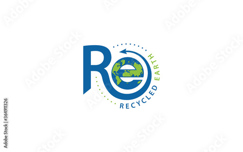 Letter R and E logo formed globe symbol in a simple and modern shape