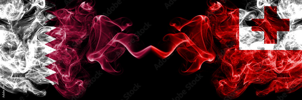 Qatar vs Tonga, Tongan smoky mystic flags placed side by side. Thick colored silky abstract smoke flags. Qatar vs Tonga, Tongan smoky mystic flags placed side by side. Thick colored silky abstract smoke flags.