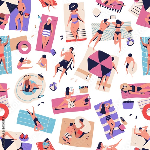 Crowd of relaxed people chilling on beach seamless pattern. Man, woman, couple and children relaxing, sunbathing, sleeping, surfing internet and playing vector flat illustration. Summer vacation