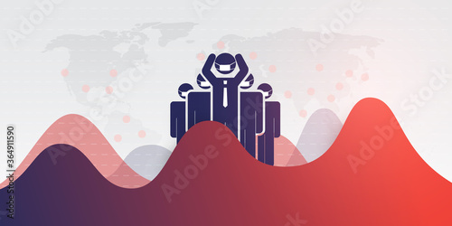 Global Economic Downfall Because of the Corona Virus Pandemic - Waves of Infection, Financial Problems, Economic Crisis - Design Concept with World Map, Charts and Businessmen Holding Their Head