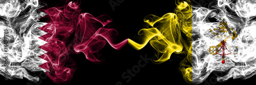 Qatar vs Vatican city smoky mystic flags placed side by side. Thick colored silky abstract smoke flags.