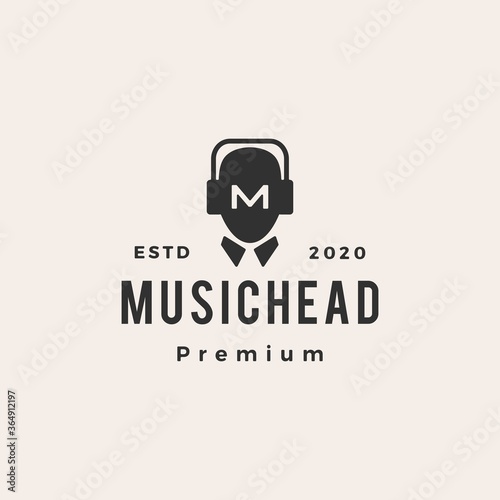 music man headphone hipster vintage logo vector icon illustration