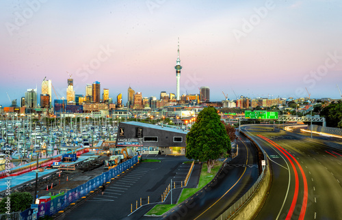 Auckland City Skyline North Island New Zealand Sunset Dawn Dusk