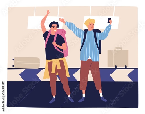 Two happy male friends taking selfie at airport arriving to summer vacation vector flat illustration. Travel guy posing making photo use smartphone. Tourists with backpack waiting baggage at terminal