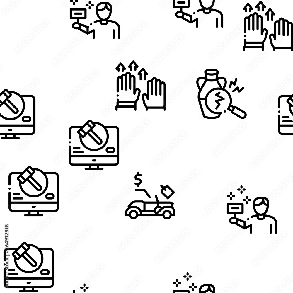 Fototapeta premium Auction Buying And Selling Goods Seamless Pattern Vector Thin Line. Illustrations