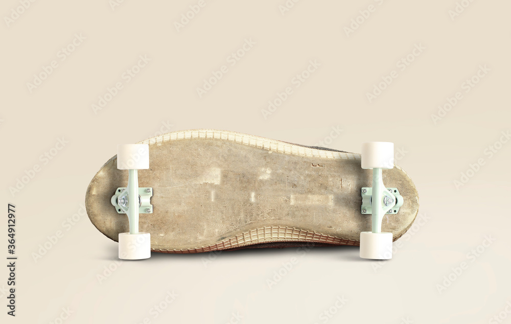 Skateboard, old sole of sneaker with white wheels
Skateboard, old sole of sneaker with white wheels