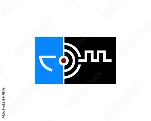 An abstract graphic of a white mouth against a blue rectangle juxtaposed with white semicircular arcs and a white square waveform set against a black rectangle. A red dot is interposed between halves.