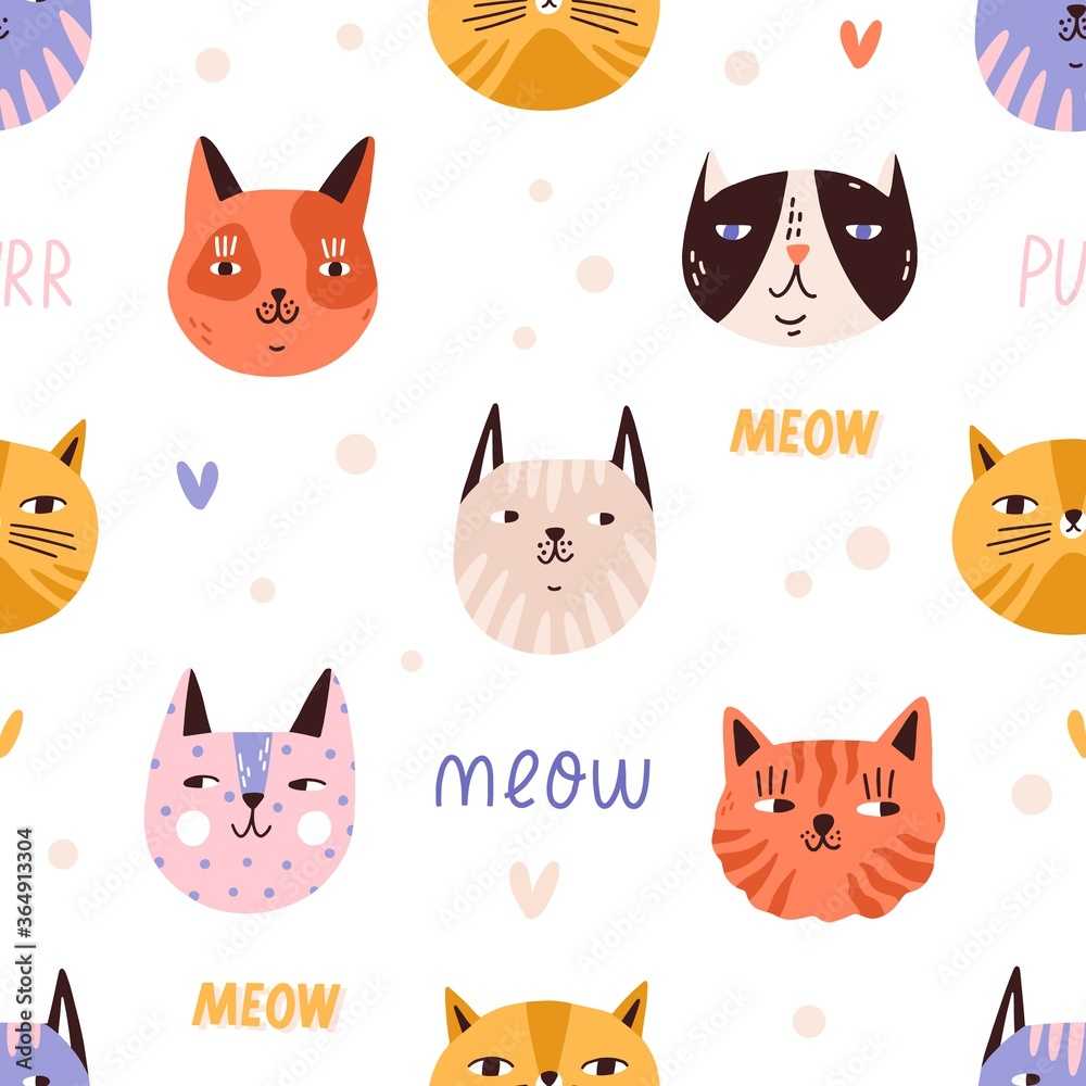 Funny childish colorful cat muzzles seamless pattern. Portraits of cute spotted and striped domestic animals vector flat illustration. Amusing kitty heads or faces with design elements