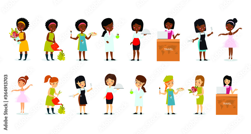 Vector set of female professions. Florist, gardener, farmer, artist, scientist, chemist, laboratory assistant, travel agent, hairdresser, ballerina, dancer. . African American woman. Women's work.
