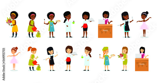 Vector set of female professions. Florist, gardener, farmer, artist, scientist, chemist, laboratory assistant, travel agent, hairdresser, ballerina, dancer. . African American woman. Women's work. 