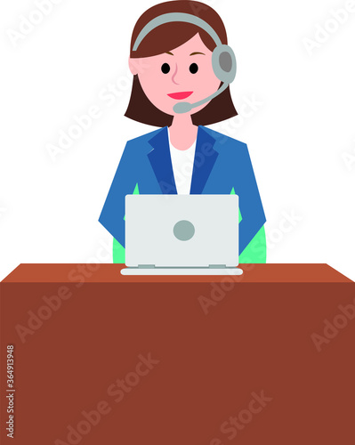 colored illustration of lady customer care representative talking speaking over headphone laptop working office desk sales support