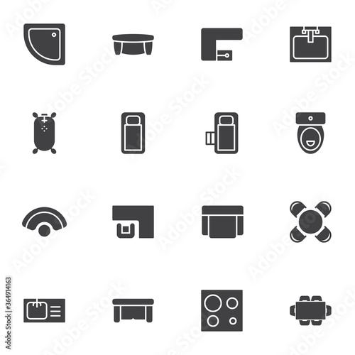 Home interior furniture vector icons set, modern solid symbol collection, filled style pictogram pack. Signs, logo illustration. Set includes icons as sofa and armchair, toilet, sink, kitchen stove