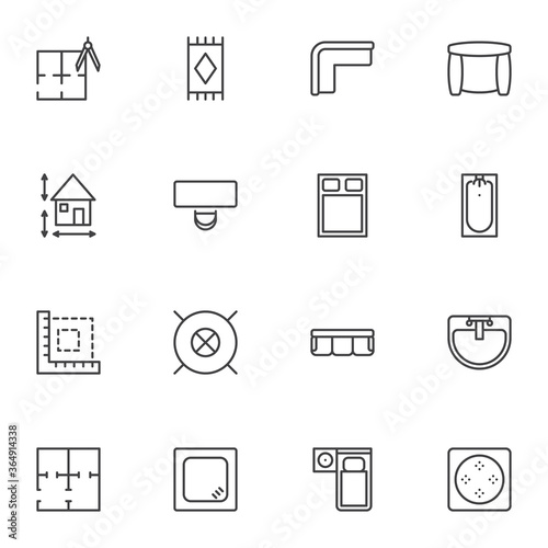 Home interior furniture line icons set, outline vector symbol collection, linear style pictogram pack. Signs, logo illustration. Set includes icons as sofa, bed, house plan, table, blueprint document