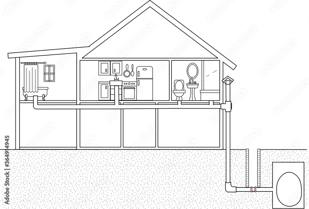Skeletal image of a house sideways view showing a toilet drainage pipe