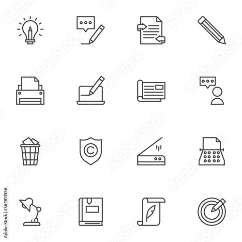 Copywriting related line icons set, outline vector symbol collection, linear style pictogram pack. Signs, logo illustration. Set includes icons as message writing, typewriter machine, printer, book
