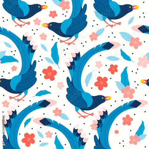 Seamless pattern taiwan blue magpie. Backdrop Blue cartoon bird and pink sakura blossoms. Urocissa caerulea. Exotic azure birds of Taiwan, China and of Asia. Hand drawn vector flat illustration.