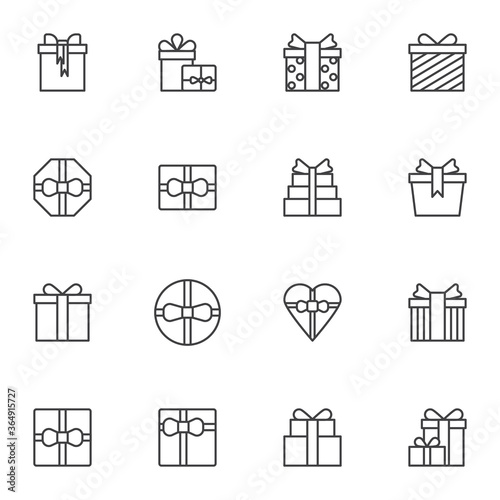 Gifts Line icons set, outline vector symbol collection, linear style pictogram pack. Signs, logo illustration. Set includes icons as gift box with bow ribbon , birthday cake, heart shaped box