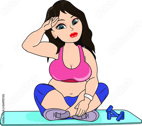 fat woman sitting on the floor got tired cannot continue exercise feeling sick gym dress trouser tops bra sinker illness obesity fatty rug dumbbell