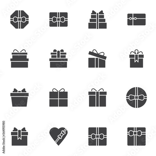 Gift box vector icons set, modern solid symbol collection, filled style pictogram pack. Signs, logo illustration. Set includes icons as heart shaped box, birthday gift with bow ribbon, present