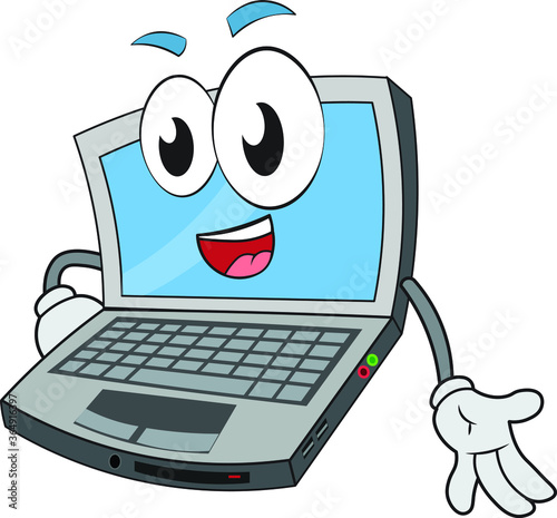Funny laptop character looking strange presenting your business speaking about your success sales product website marketing or something else